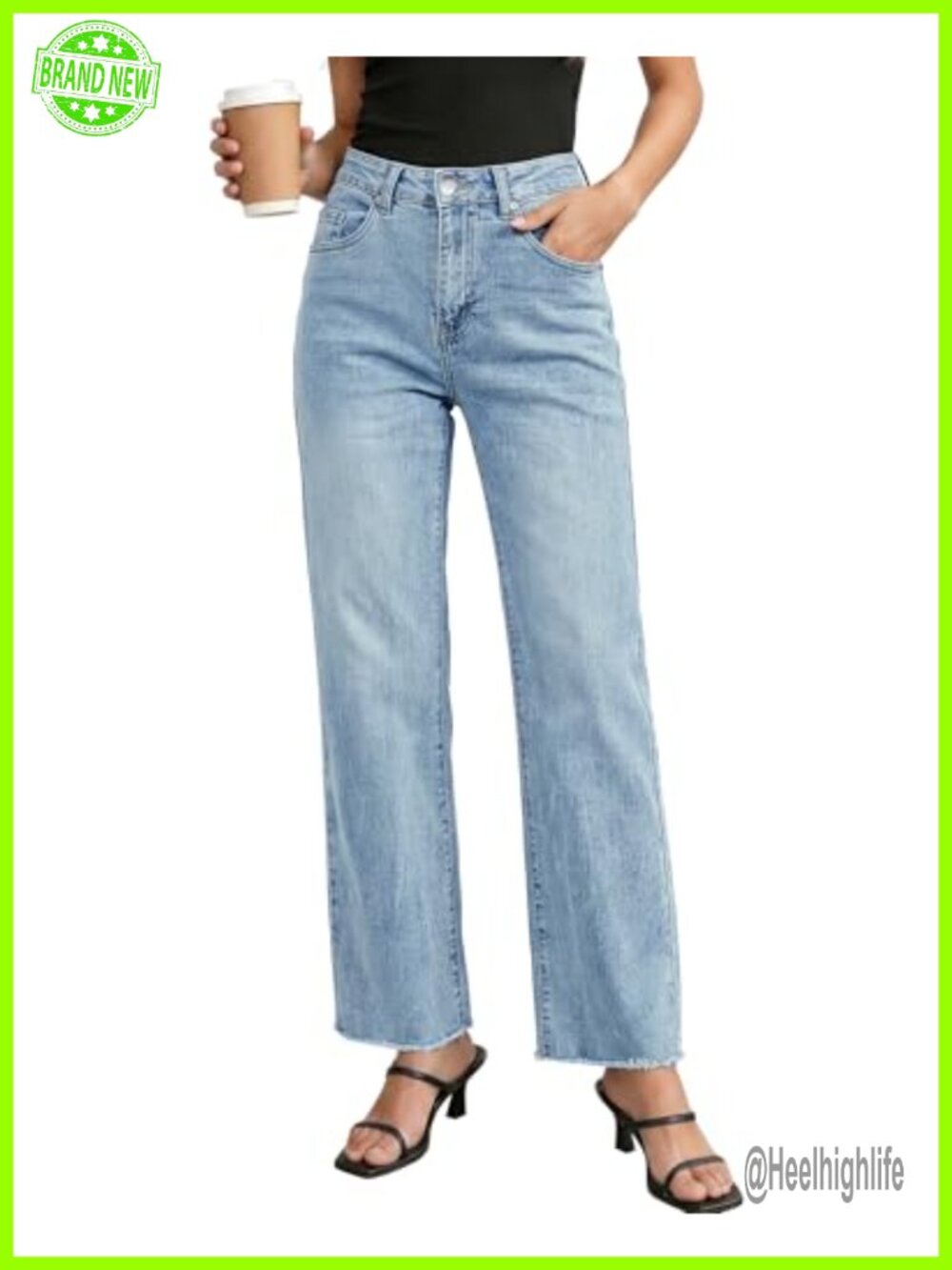 High Waisted Straight Leg Jeans with Frayed Raw Hem